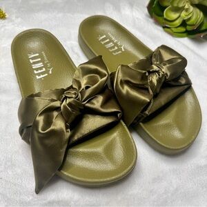 Rhianna Fenty x Puma Satin Bow Slide Sandals in Olive Branch Green Womens 8.5